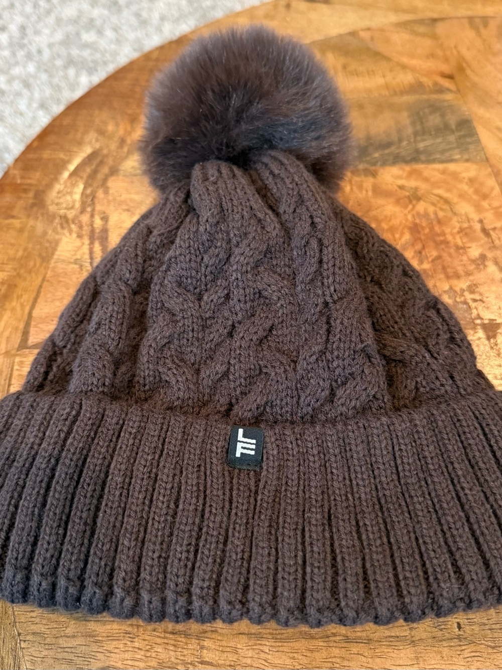 London Fog Women’s Cable Knit Pom Beanie - Dark Brown